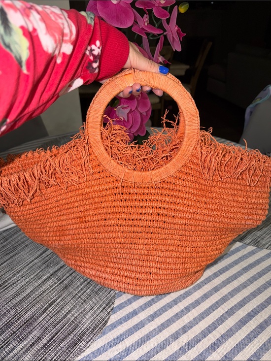 Handbags - Orange Woven Fringe Circle-Handle Tote